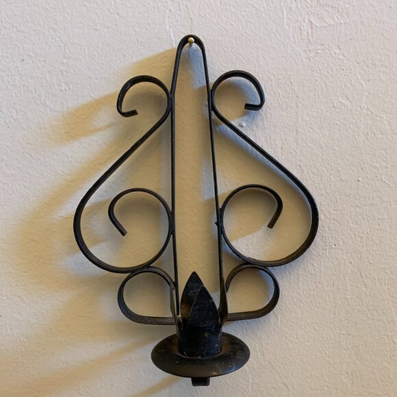 Black Metal Vintage MCM Brutalist Scroll Candle Sconces With Petal Cups Set of 2 - Picture 2 of 3